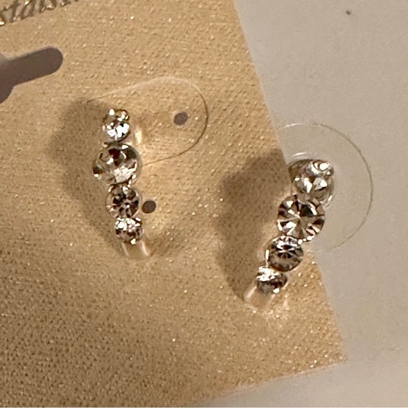Silver Crystal Semi Hoop Stud Earrings | Rhinestone Curve Climber - Picture 5 of 8